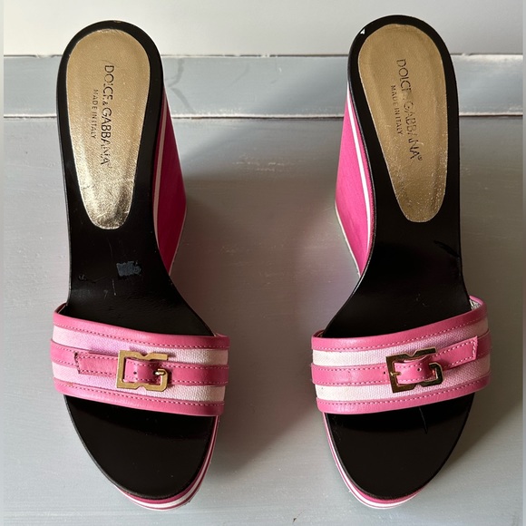 Dolce & Gabbana - Vintage Pink Canvas/Calf-Skin Leather Wedge Sandals - Picture 8 of 8
